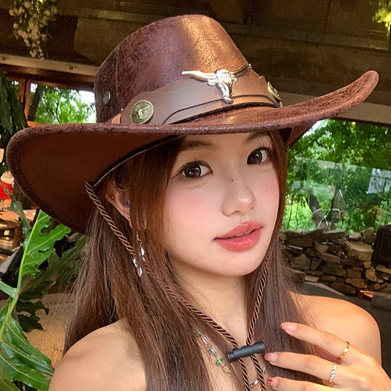 

2025 Новая ковбойская шляпа унисекс в стиле вестерн с треснутой коровьей головой, женская новая уличная дорожная шляпа из искусственной кожи с широкими полями, рыцарская шляпа, солнцезащитные кепки