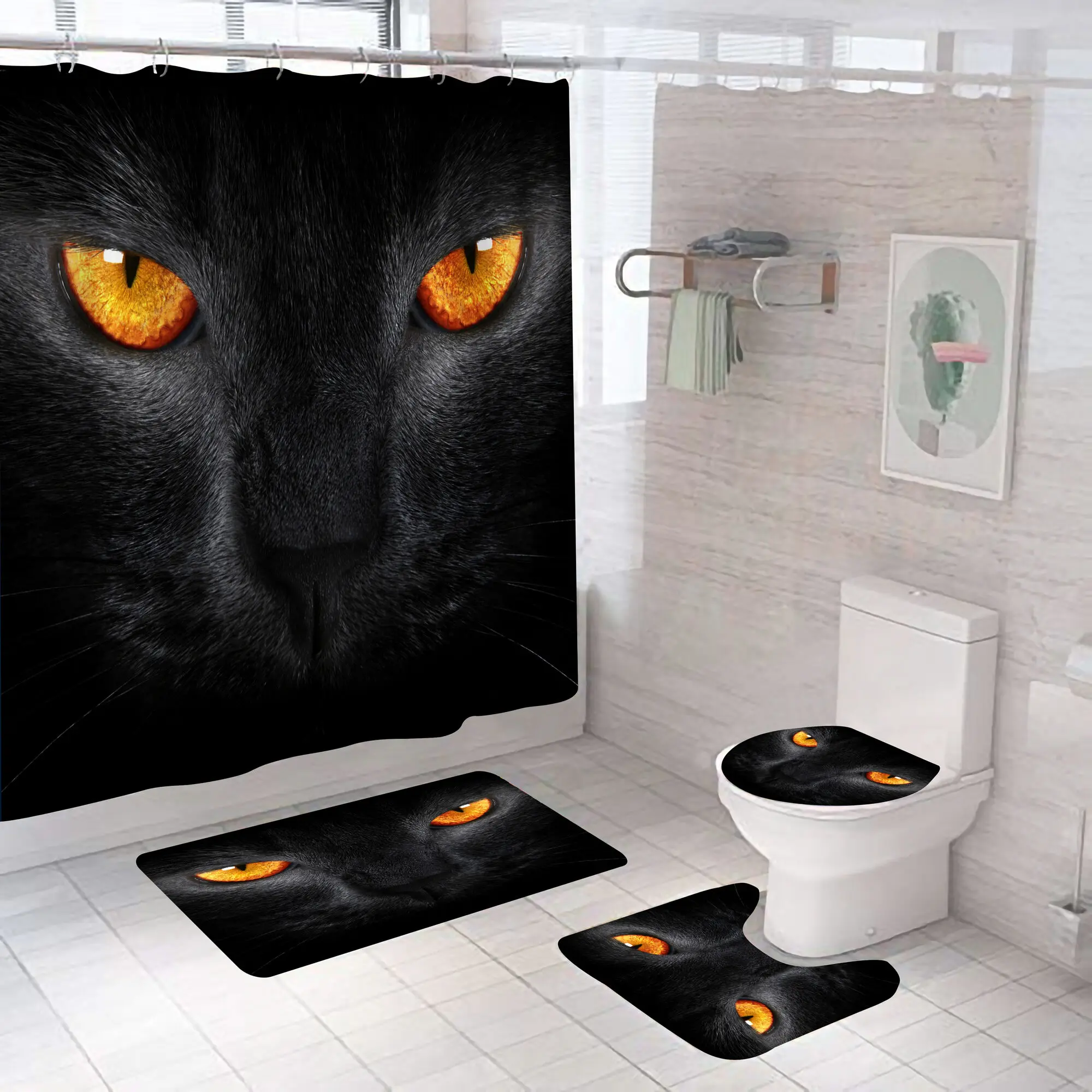 Cartoon Katze Duschvorhang Set Tier Schwarz Wasserdicht Bad Wc Deckel Sitzbezug Bad Rutschfeste Matte Teppich Badezimmer Decot Abdeckung – Detail 12