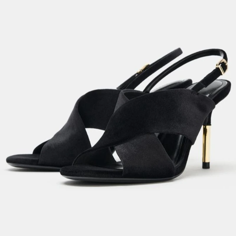 

Designer Suede Wide Cross Strap Heeled Sandals Women Sexy Open Toe Slingback High Heels for Ladies Elegant Banquet Dress Shoes
