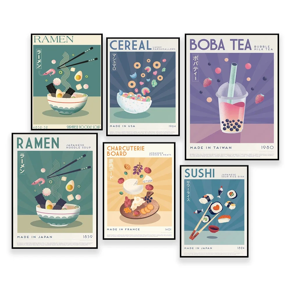 Exhibition poster printables, ramen, sushi cereal and boba tea, Japanese print set, Denmark pastels prints