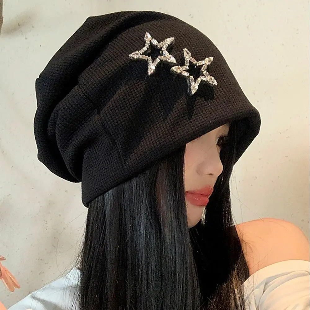 Bling Bling Decor Star Beret Hat Ear Protection Elastic Star Beanie Cap Brimless Warm Knit Slouchy Skull Cap