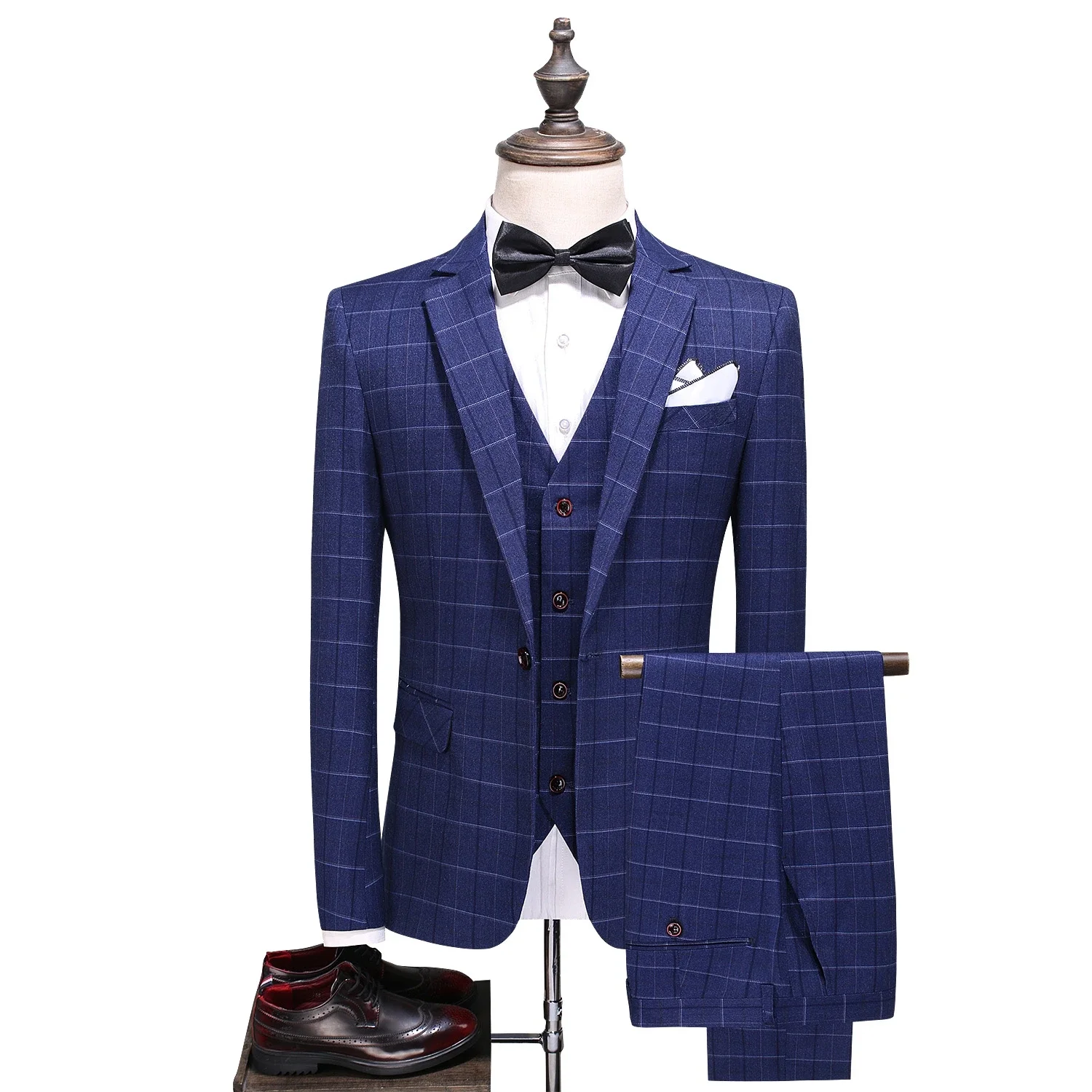 Checkered formal striped fashionable 3-piece men's wedding costume groomsman wedding banquet