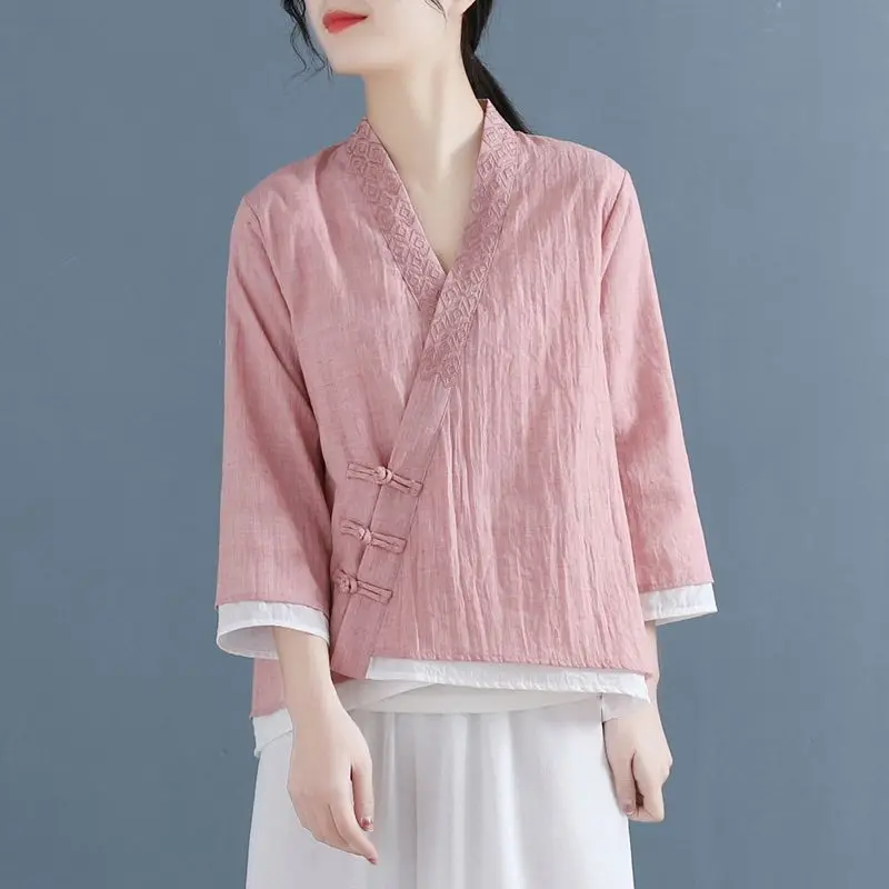 Ethnic Style Tang Style Summer New Item Button Embroidered Shirt for Women Solid Color Patchwork Cardigan Top for Women