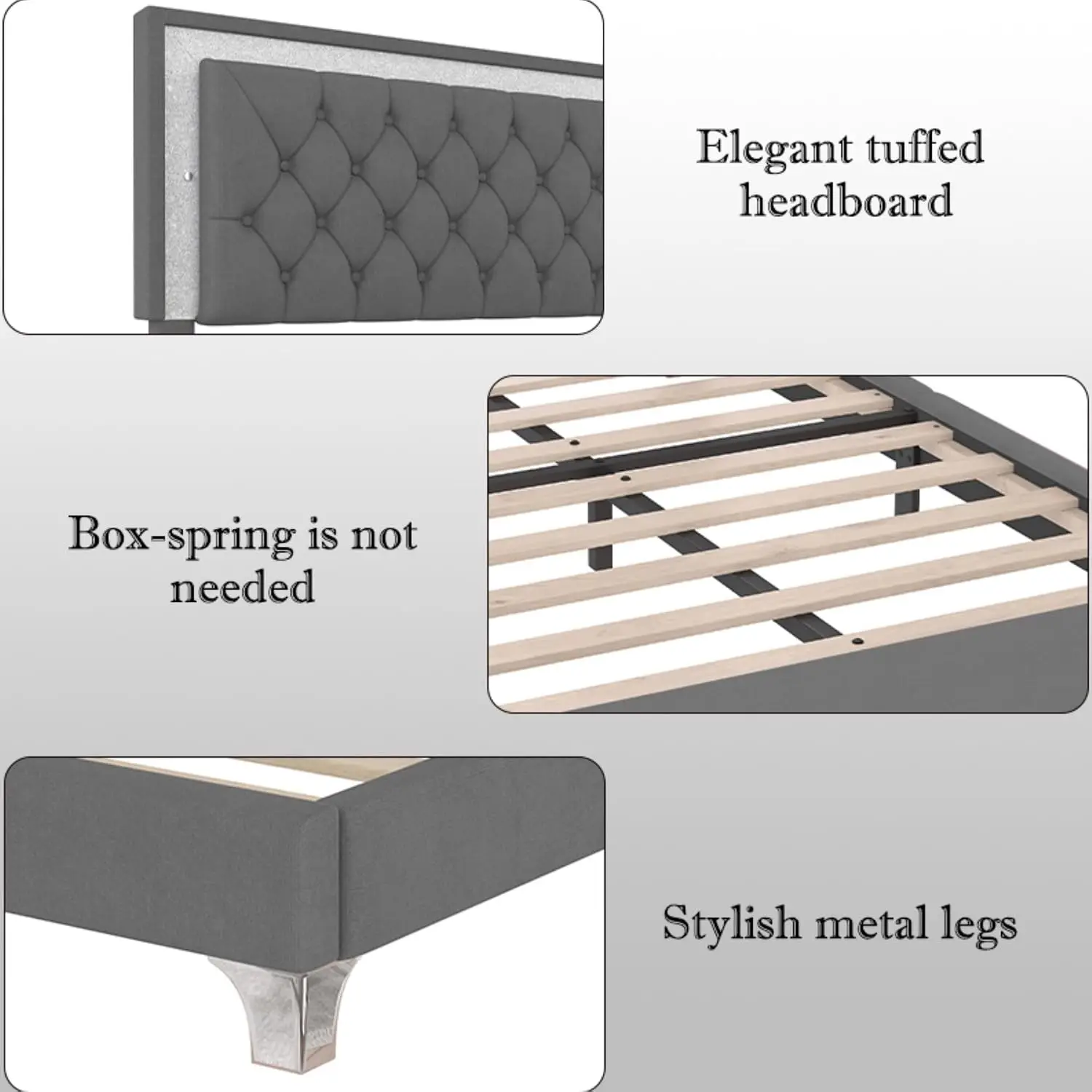Queen Size Upholstered Platform Bed with LED Lights & 2 Nightstands, Gray, Customized - view 5