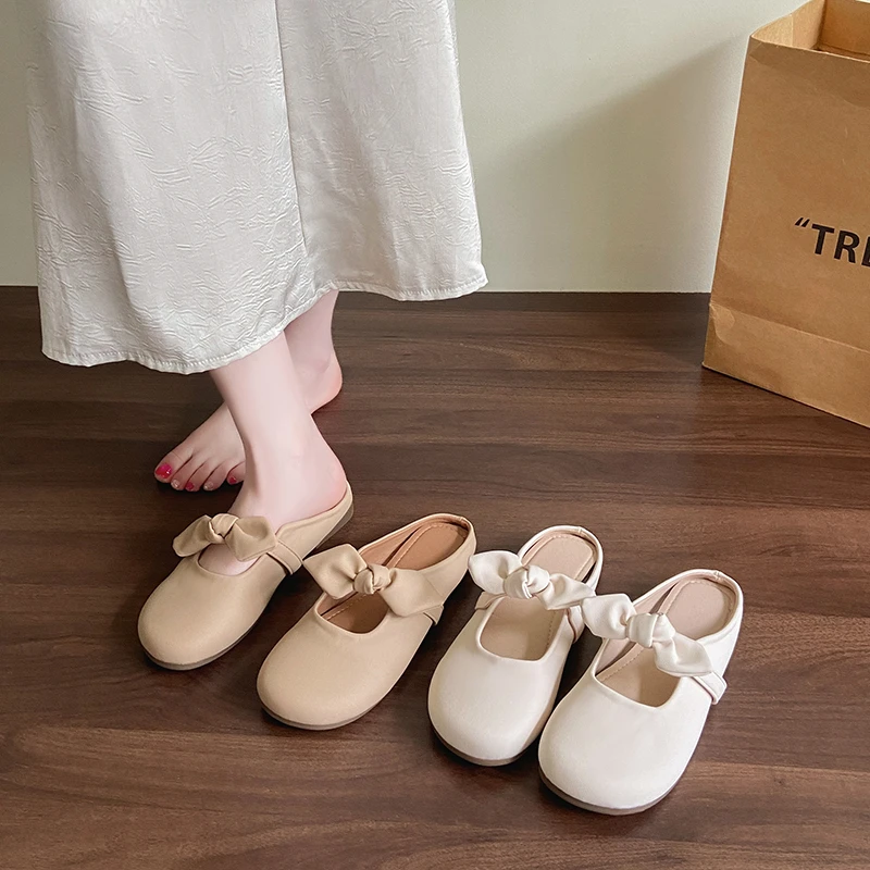 Women Shoes Mules - รองเท้าแตะสตรีแบบสวม หัวมน ผูกโบว์ ปิดหัวเท้า ส้นแบน ไม่มีส้น