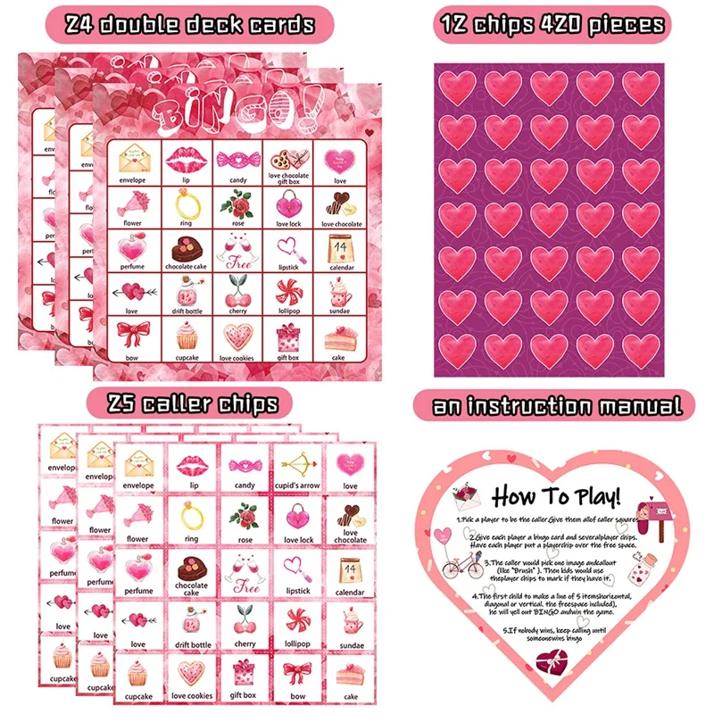 Valentines Day Bingo Game Cards 24 Players Replacement For Kids Party Card Games, School Classroom Games, Love Party Supplies