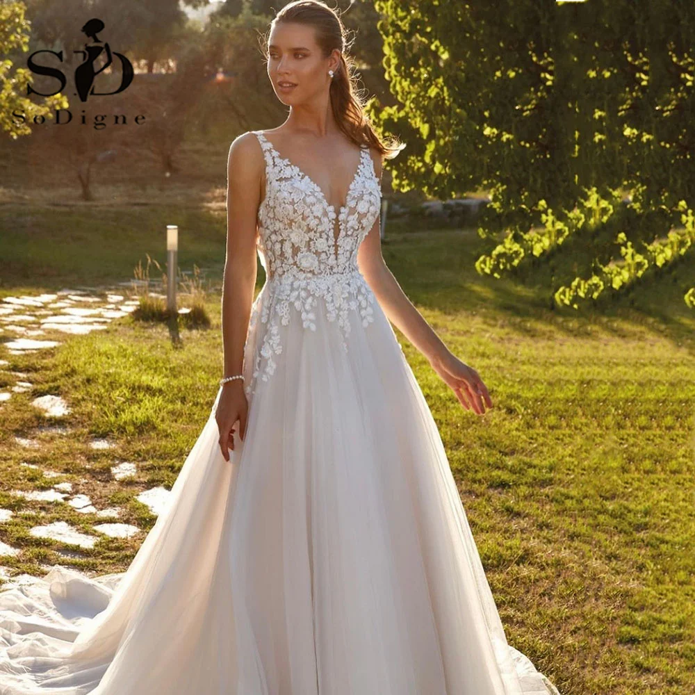 Sodigne formal princesa vestidos de casamento feminino renda flor uma linha vestidos de noiva botão sem costas vestido de noiva para casamento personalizado