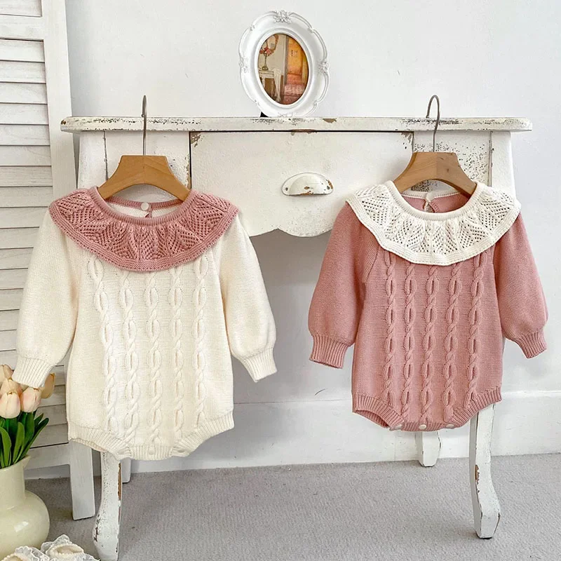 2024 New Autumn Newborn Baby Girls Knitted Bodysuits Long Sleeved Splicing Infant Baby Girls Jumpsuit Children Knitted Clothes