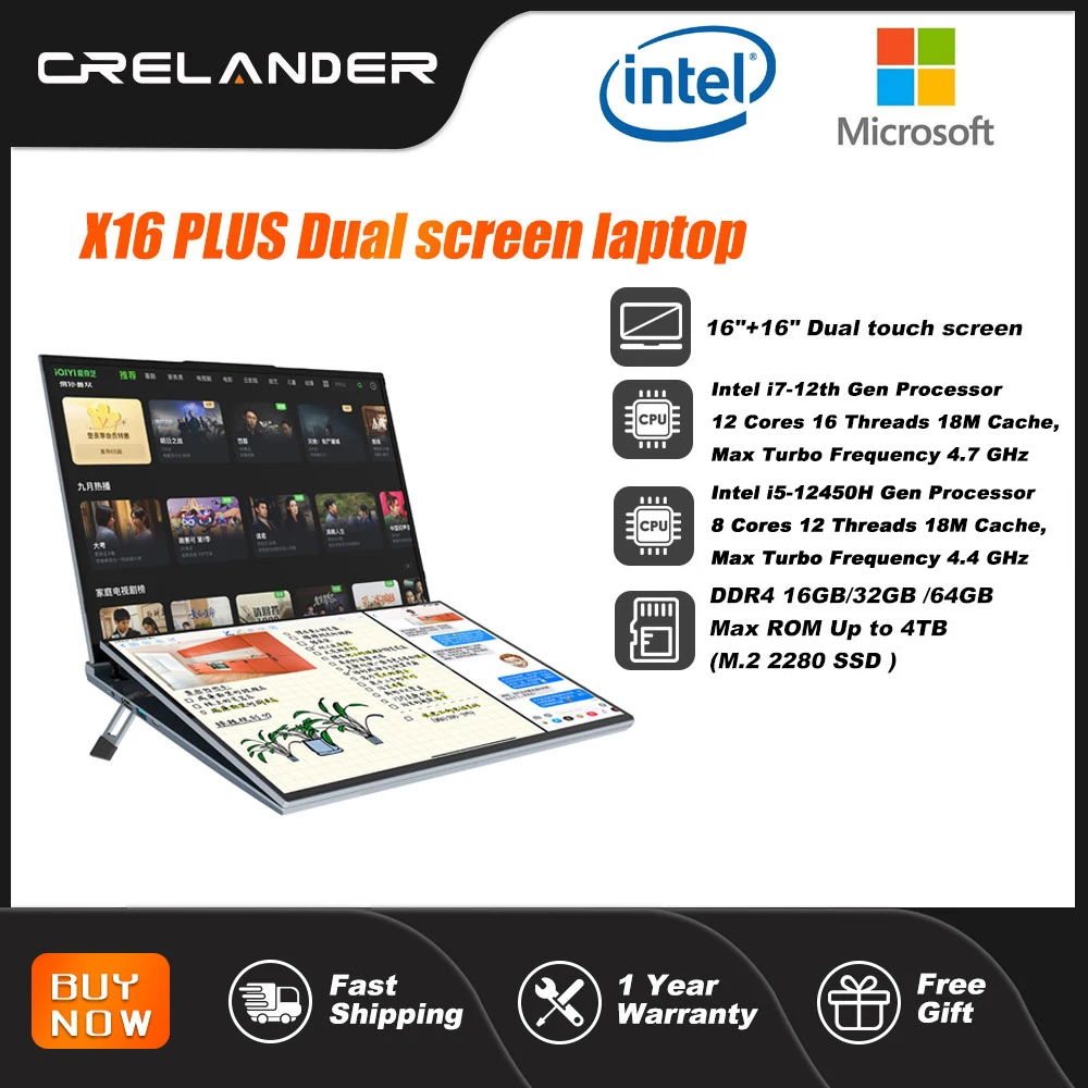 Crelander 16 "Dual Touch Screen Laptop Intel I7 12e Gen 12 Cores Ips Scherm 32Gb Ram M2 Ssd Windows 11 Intel Laptop Computer