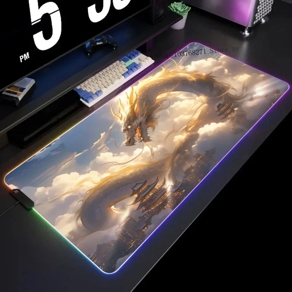 Chinese God Dragon Mousepad XXL RGB Gaming Mouse Pads HD Black Gamer Accessories Large LED