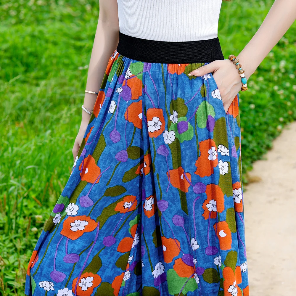 Summer Women Pants Wide Leg Pants Ankle-length Trousers Print Elastic Waist Loose Casual Pockets Pleated Mid Broadcloth