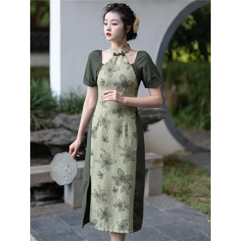 

Cheongsam Print 2022 Summer New Qipao Chinese Style Sexy Improved Dress Off Shoulder for Female Floral Vestidos Slim Dresses