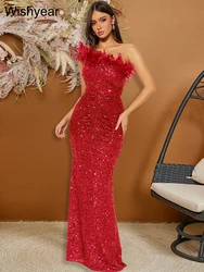 New Luxury Sequined Feather One Shoulder Sleeveless Slanted Collar Backless Purple Long Dress  Women Birthday Party Event Gowns