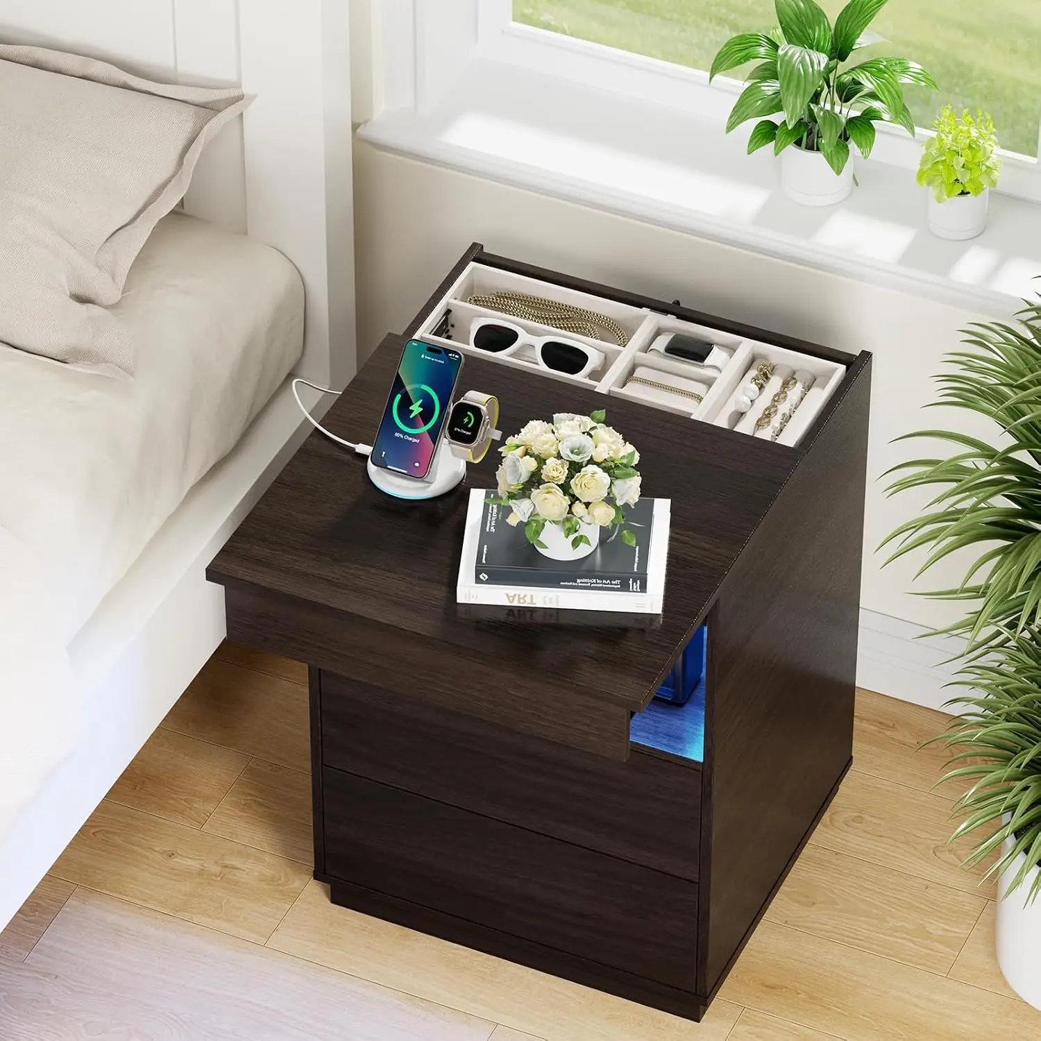 Nightstand with Hidden Compartment & USB/Type-C Charging Station - Locking Night Stand with Gun Drawer,LED Lights,Bedside Table