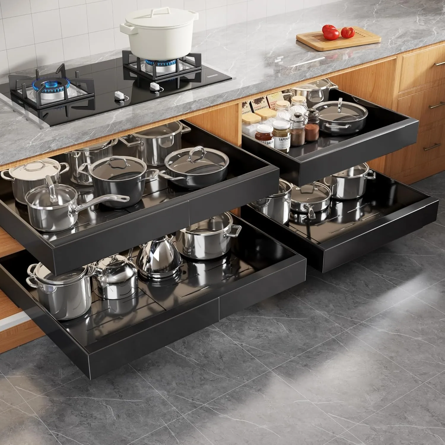 1-2PCS Pull-out Cabinet Storage Rack, with Adhesive Nano Film, Expandable Slide-out Drawer, Kitchen Cabinets, Home Organizer