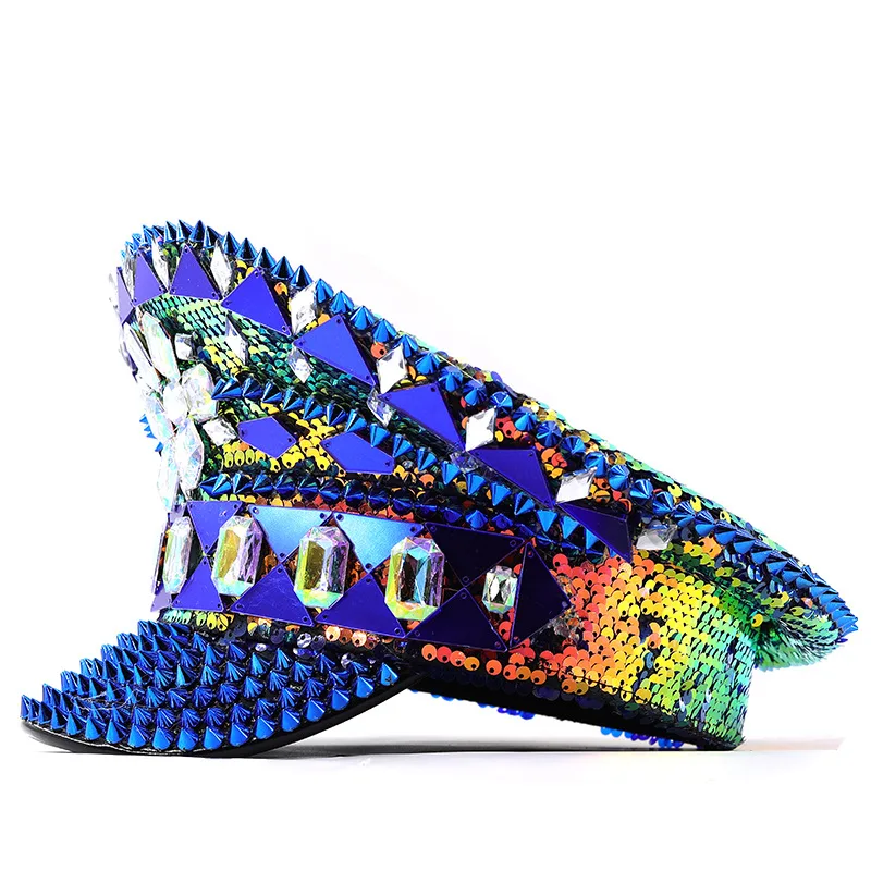 Punk Style Klein Blue Rivet Sequin Women's Navy Hat Festival Performance Hot Diamond Versatile Diamond Party Hat