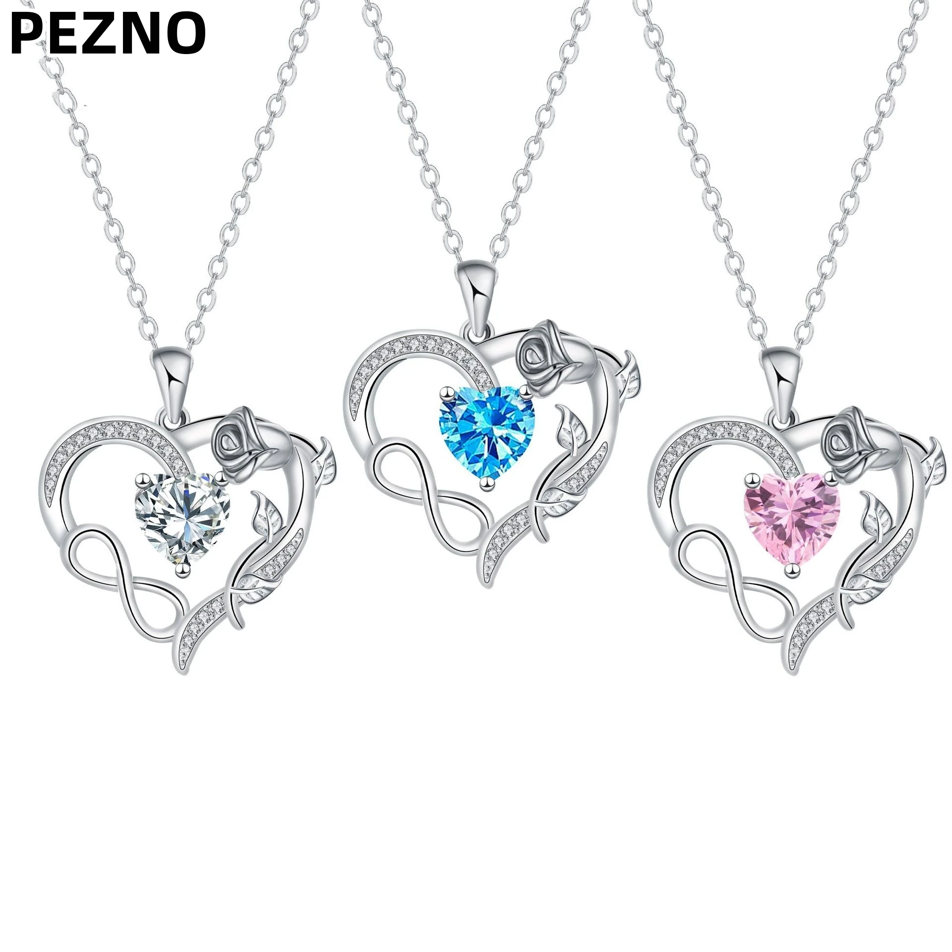 

PEZNO Infinity Rose Heart Pendant Necklace Stainless Steel Chain with Cubic Zirconia Romantic Jewelry Gift for Women
