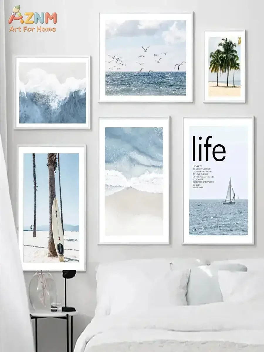 AZNM Coastal Beach Scenery Canvas Wall Art Palm Tree Ocean Wave Seaside Life Text Floral Print Neutral Summer Nordic Style Bedro