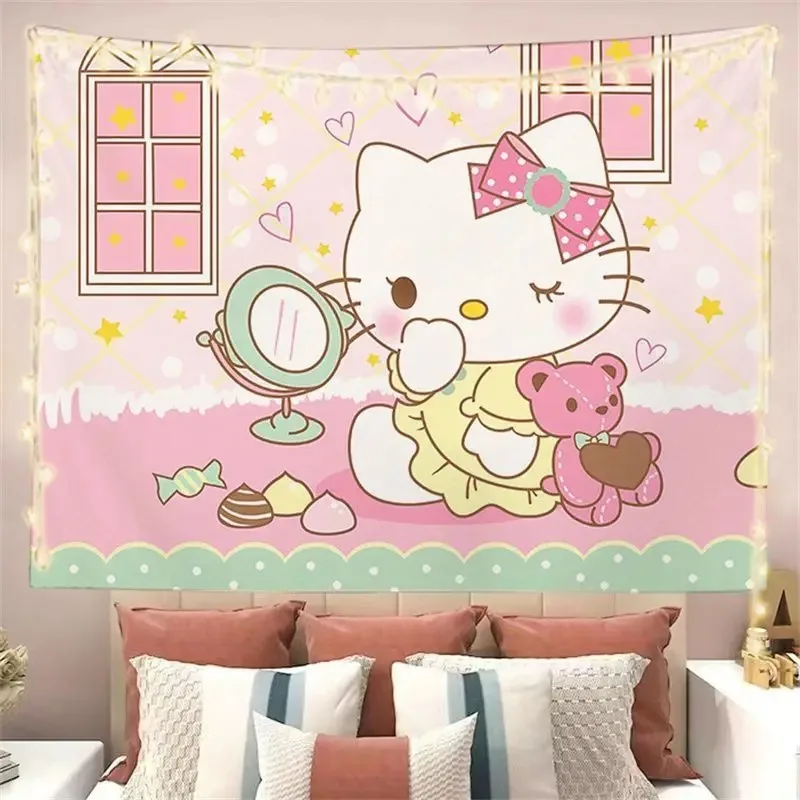 Sanrio Hello Kitty Tapestry Cartoon Kawaii Wall Hanging for Bedroom Tapestries Poster Blanket College Dorm Home Decoration