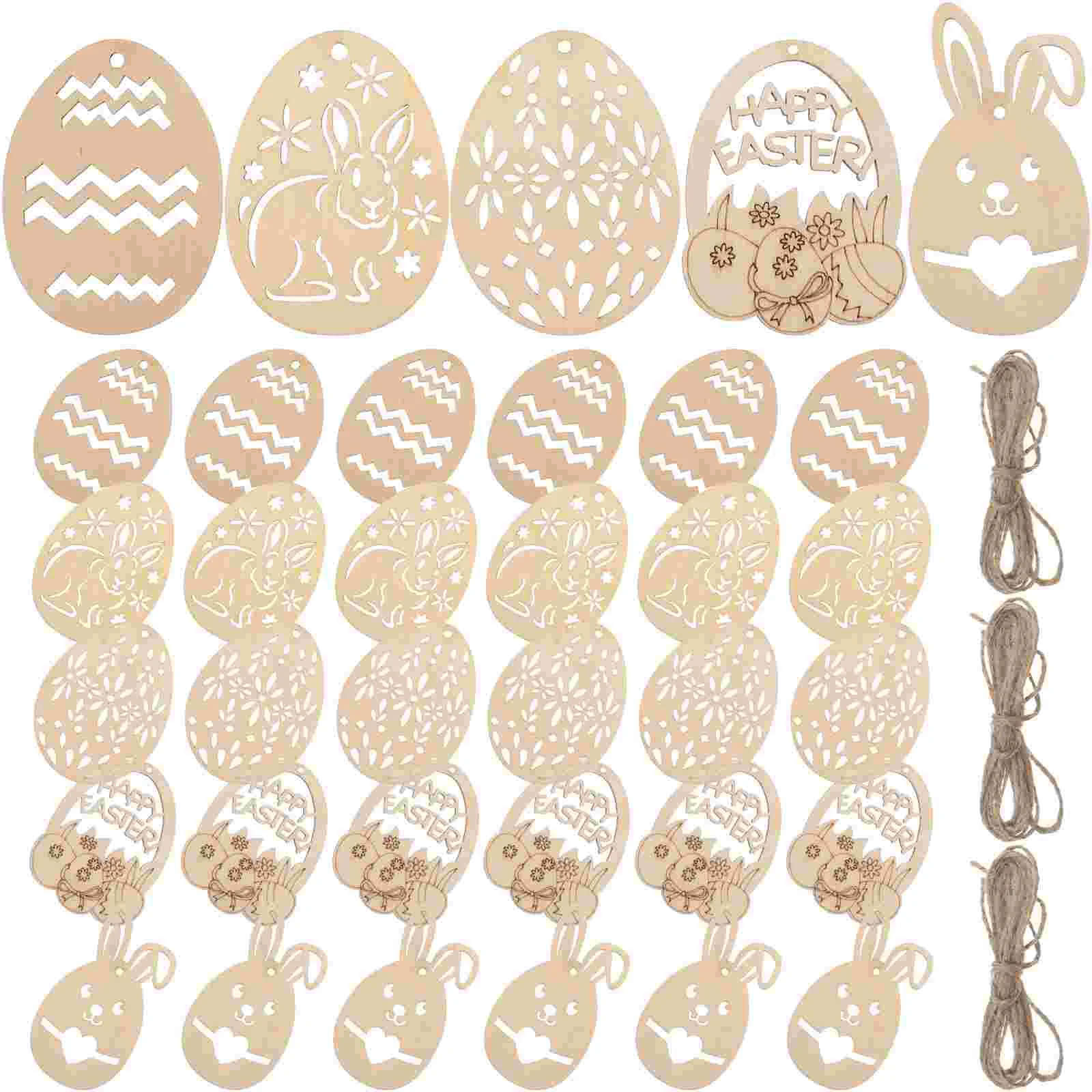 

50 Pcs Easter Handmade Hanging Decorations Party Favors Resurrection Beige Wooden Pendants