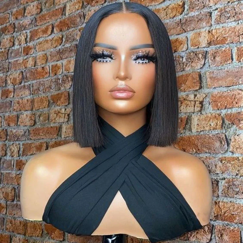 

26Inch Silky Straight Short Soft 180Density Natural Black Preplucked Natural Hairline Lace Front Wig For Black Women Baby Hair