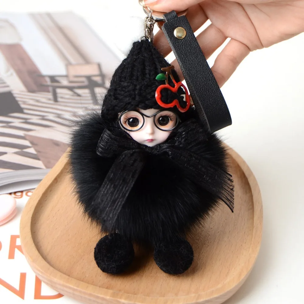 Eye Glass Doll Cute Pompom Keychain Car Key Ring Real Fur Ball Pompom Doll Brelok do kluczy Fluffy Cherry Baby Doll Ball Key Chain