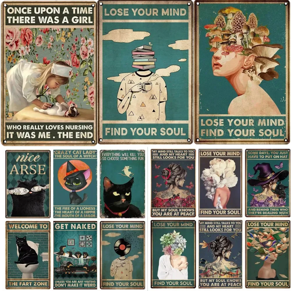 العثور على روحك ملصق زهرة امرأة علامة معدنية القط الأسود خمر اللوحة غرفة نوم غرفة المعيشة دبوس حتى لوحة تزيين جدران المنزل #1
