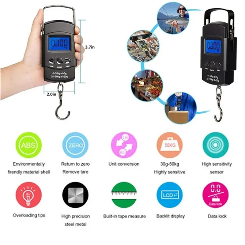 Imagem -05 - Escala de Bolso Pesando Equilíbrio Eletrônico Digital Fish Hook Pendurado Fita de Medição de Pesca Régua Mini Bagagem para Pesca 50kg