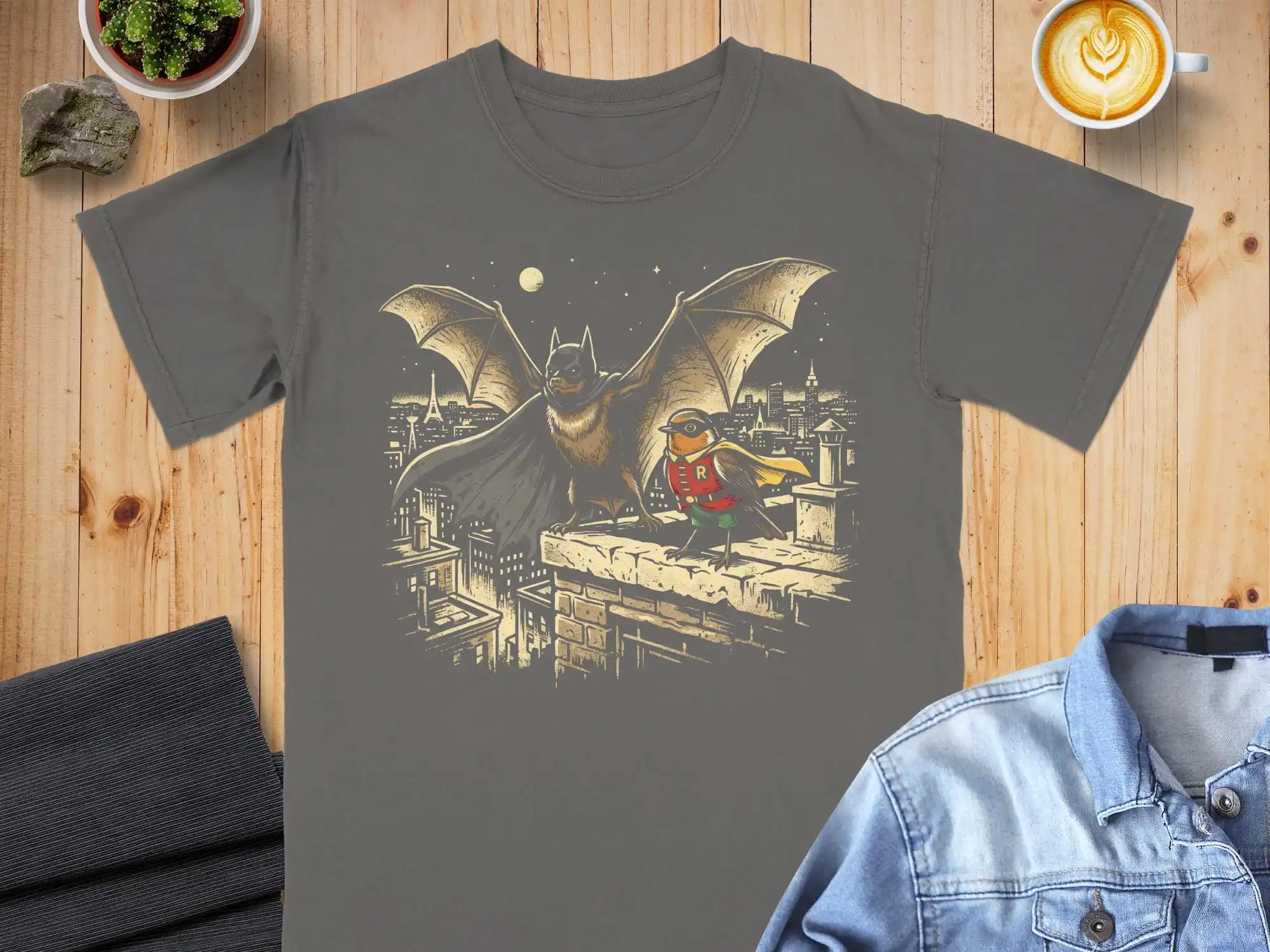 Bat & Robin T-Shirt, Vintage Comic Style Superhero Tee, Bird Lover Fan Art