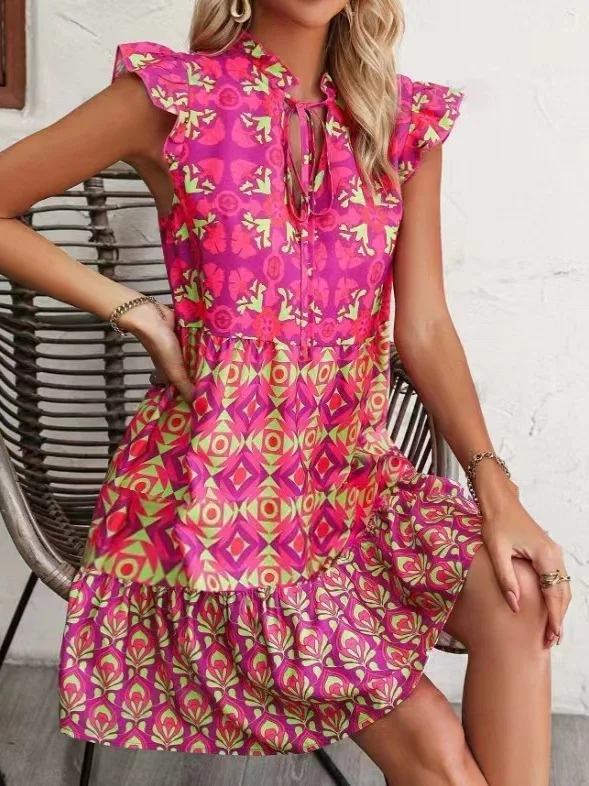 

2025 New European And American Style Foreign Trade Women's Flying Sleeve V-neck Strap Flower Dress