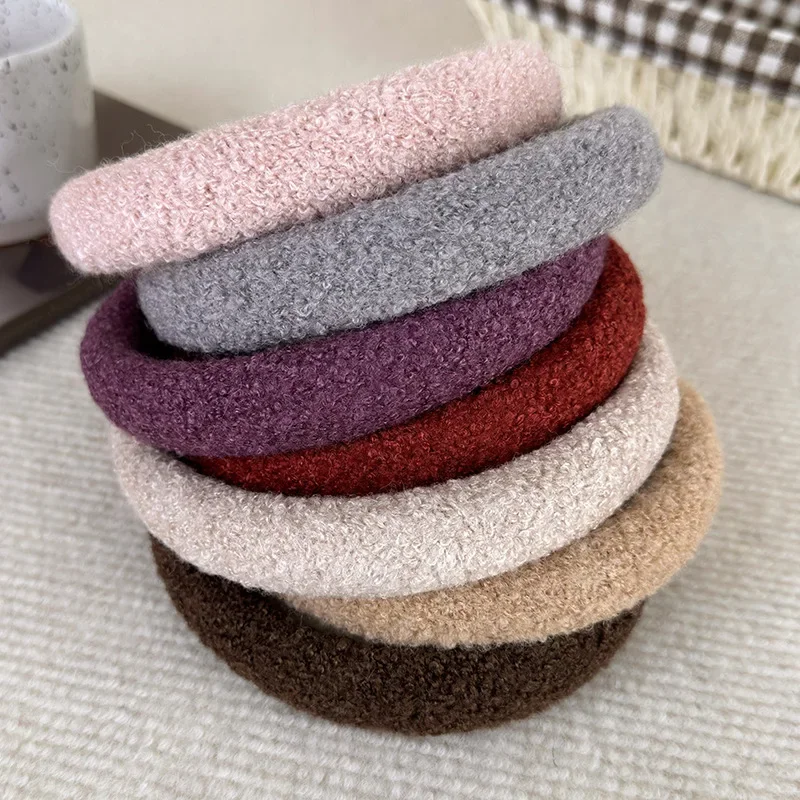 Zimowe Retro Solid Color Plush Headbands Sponge Wide Hair Band For Women Girl Simple Elegant Hair Hoop Fashion Hair Accessories