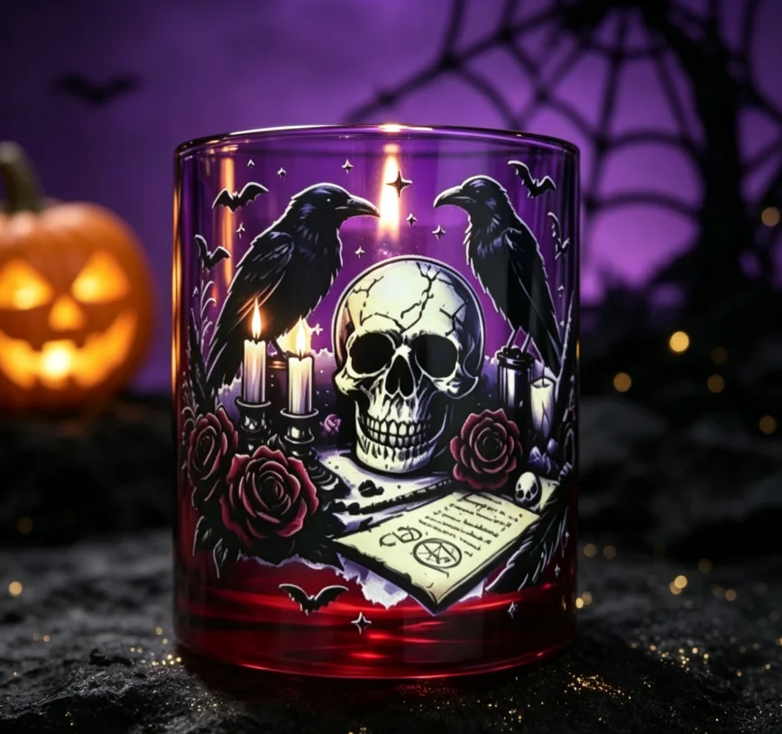 Halloween Gothic Whiskey Decanter Set Skull Raven Rose Pattern Liquor Bottle & Old‑Fashioned Glass Cup Home Bar Drinkware