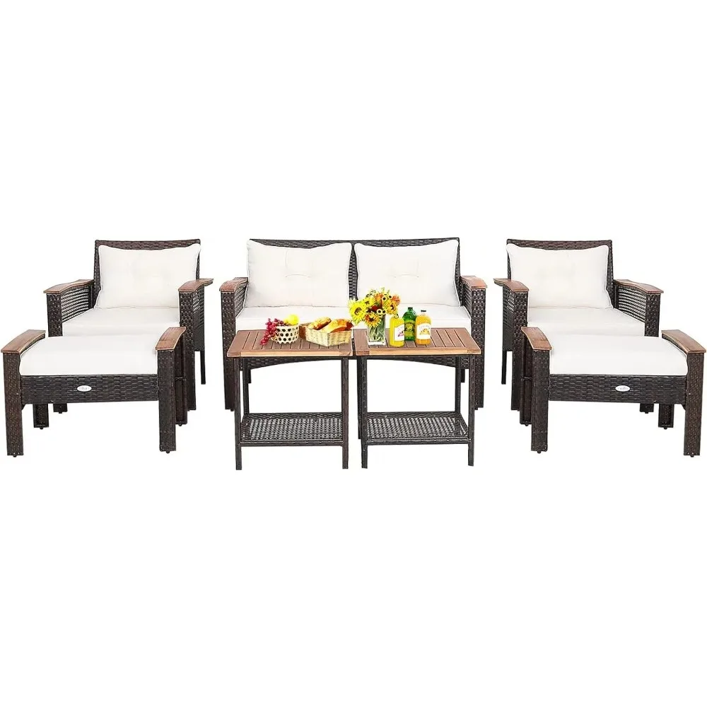 7 Piece Wicker Patio Furniture Set, Acacia Wood Patio Conversation Set with 2 Ottomans and 2 Storage Side Tables w/ Lower Shelf