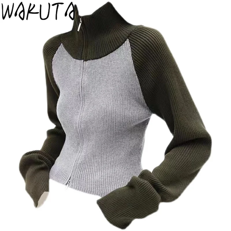 Turtleneck jaket wanita ramping kasual Chic mode atasan ritsleting lengan panjang warna kontras Roupas Femininas kardigan rajut