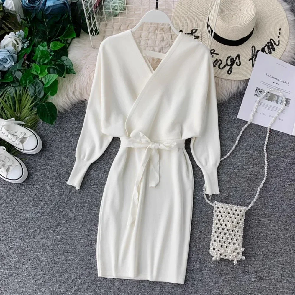 TWOTWINSTYLE Solid Casual Dress For Women V Neck Long Sleeve Patchwork Sashes Knitted Slimming Dress Female Fashion KDR523834