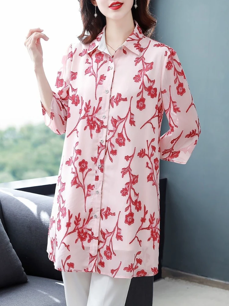 

Chiffon Long Length Shirt 2026 Spring Summer New Arrival Slim Fit Turn Down Collar for Women Middle Aged Senior Moms​