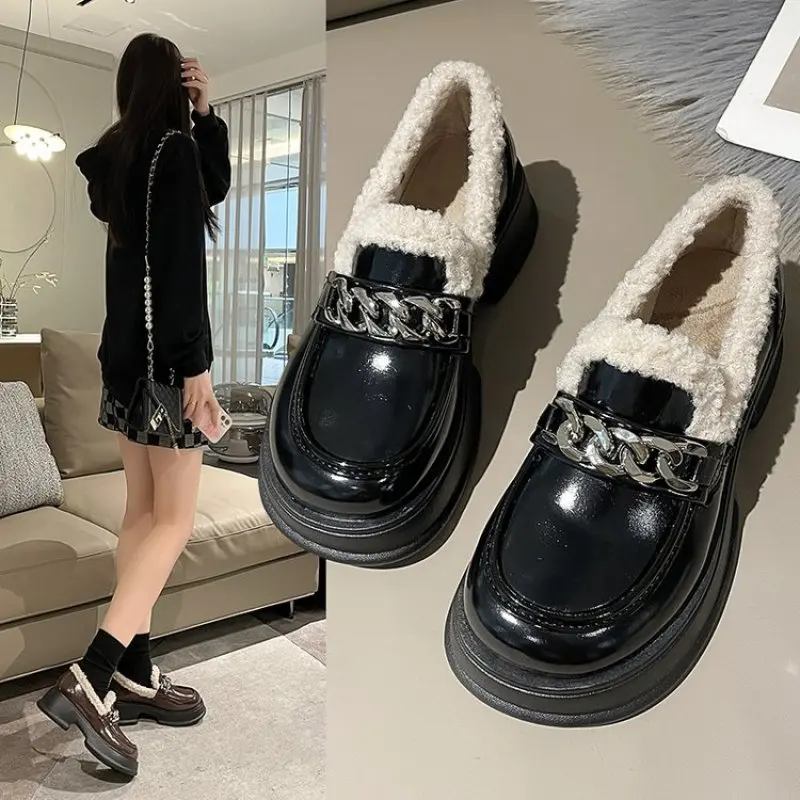 

Casual Woman Shoe Flats Oxfords Round Toe All-Match Clogs Platform Shallow Mouth Loafers With Fur British Style Female Vulcanize