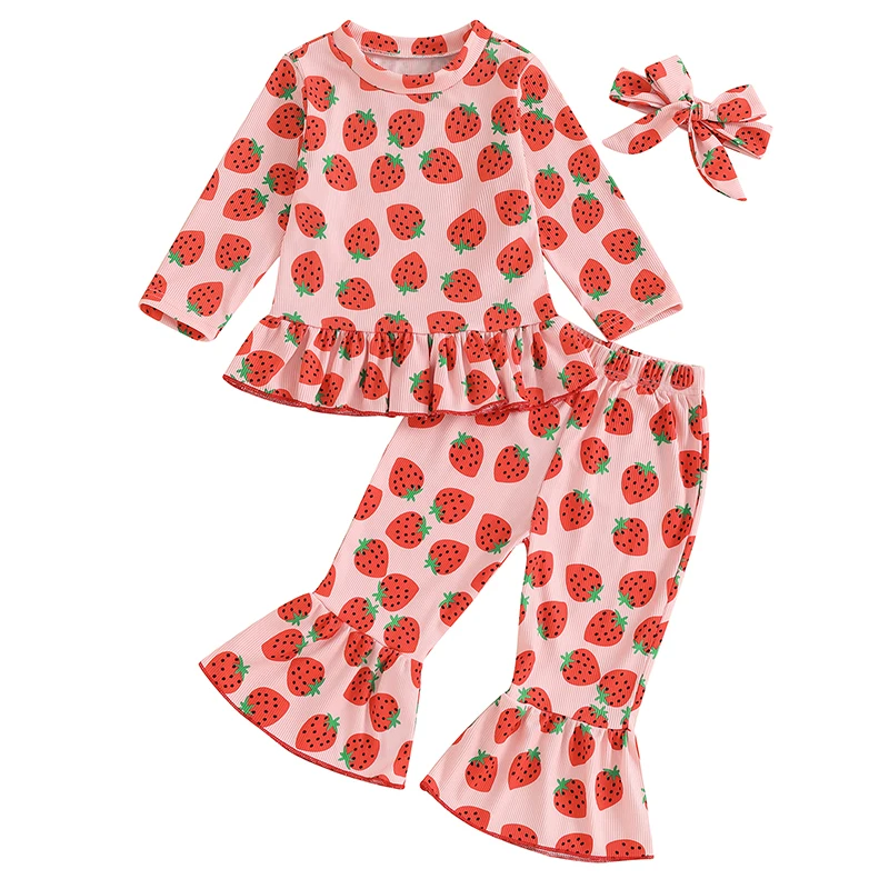 

Baby Girls 3 Piece Strawberry Print Long Sleeve Shirt and Flared Pants Headband Set Fall Clothes