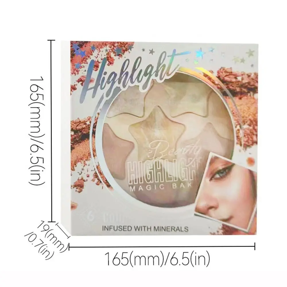 Cinco Pontas Estrela Glitter Highlighter Paleta, Contorno Rosto, Blush Natural, Pó Destaque Impermeável, 6 Cores