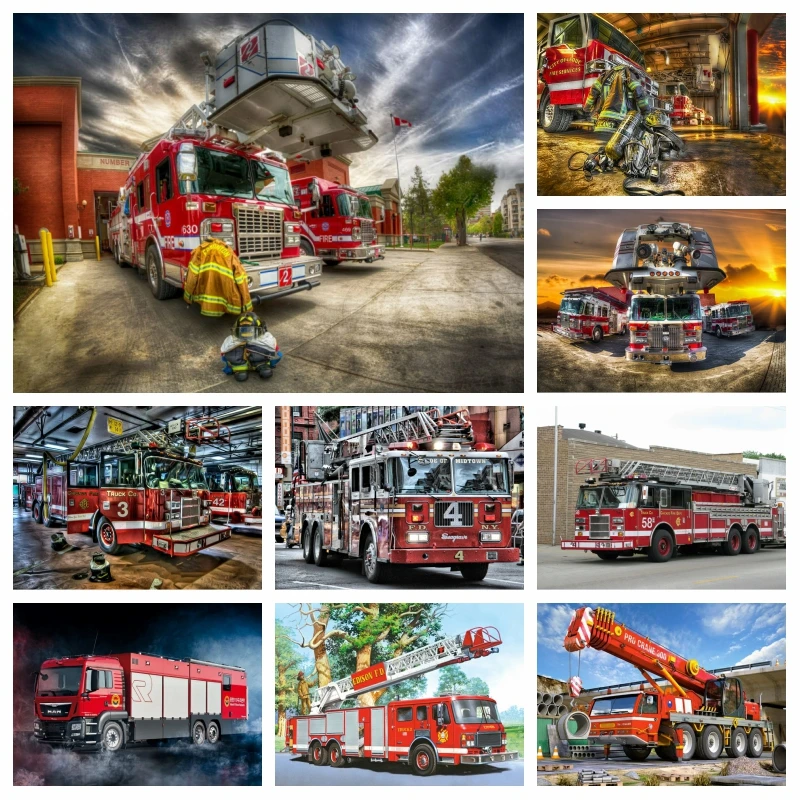 Fire Engine Ladder Truck Diamond Painting Art Full Square Drills Car Landscape Embroidery Cross Stitch Kit Handicraft Home Decor