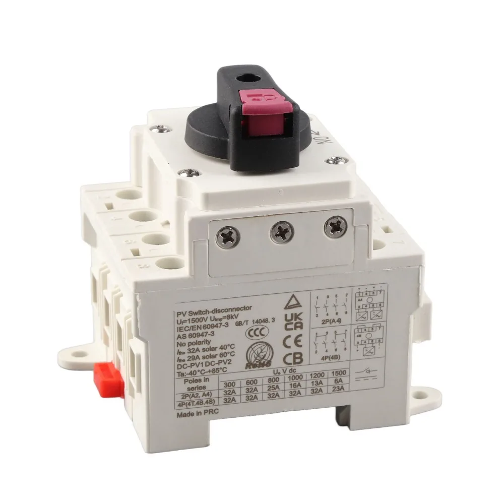 DC 1500V Solar Disconnect Switch 32A IP66 PV Solar Disconnect Switch 4 Poles DIN Rail Mount Photovoltaic DC Isolation Switch RVs
