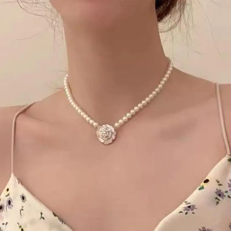 Korean Fashion Camellia Pearl Necklace For Women Jewelry Choker 2026 Trending New Sweet Women's Flower Necklaces Colar Kolye