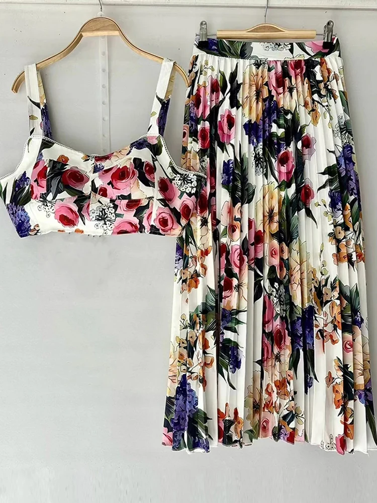 2026 Summer Women's Clothing Retro Print Sexy Tube Top Suspender Top Two-piece Set + High Waist Pleated Loose Skirt Fashion Suit image 3