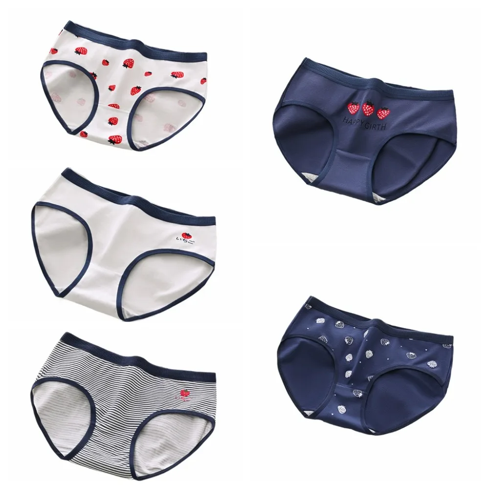 

5PCS Elastic Stripes Love Heart Panties Low Waist Underpants Strawberry Briefs Bowknot Women Underwear Girls