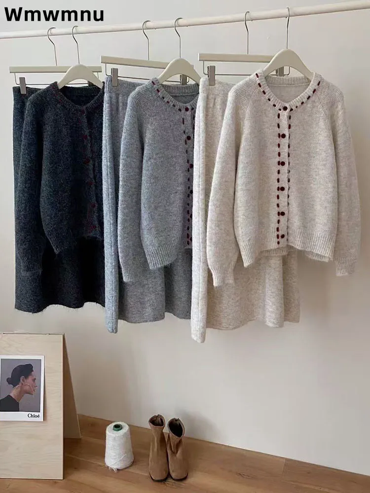 

Вязаный кардиган контрастного цвета с круглым вырезом Conjuntos, корейская мода, женские повседневные ансамбли, мешковатая юбка с высокой талией, комплект из 2 предметов