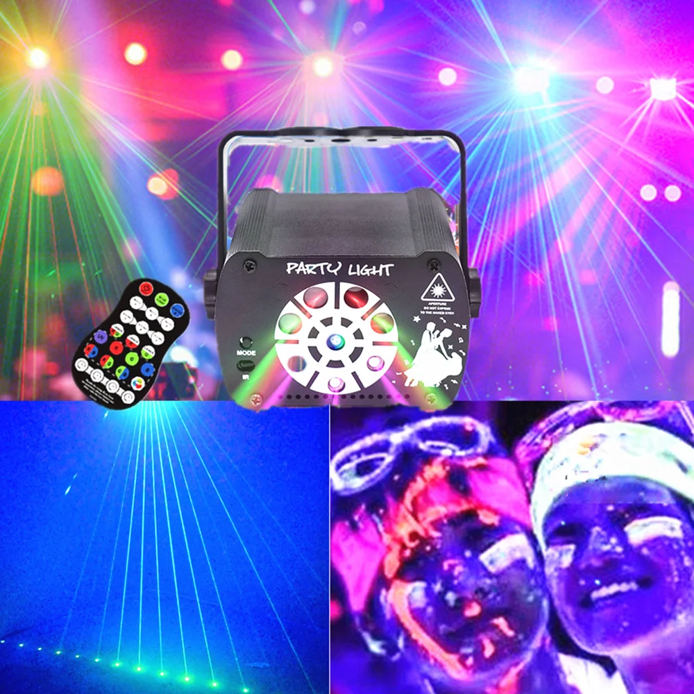 8 Hole 3 in 1 UV Disco DJ Party Lights Stage Laser Lights Projection Lights Family Birthday Christmas Decoration Ambience Lights