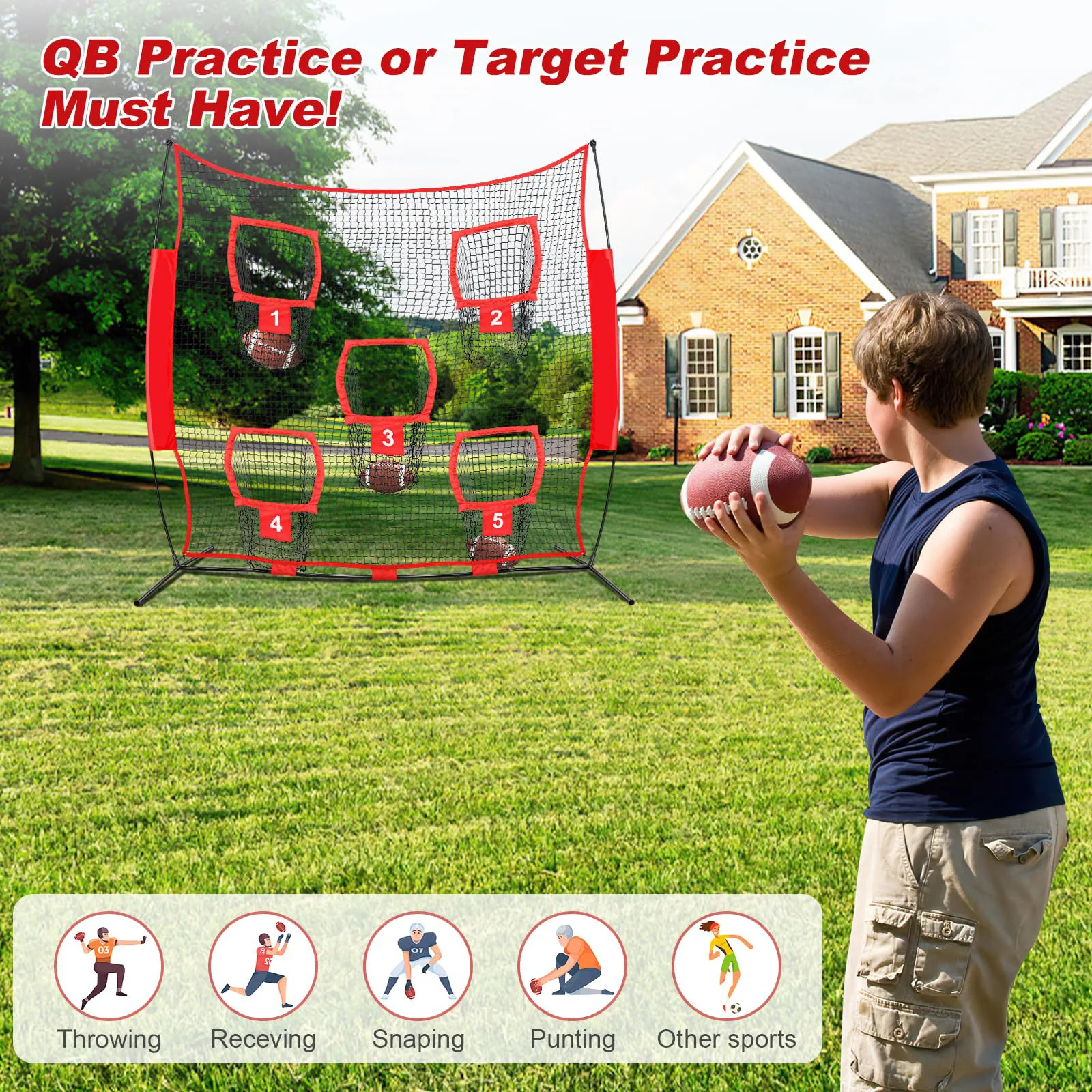 

Портативная подвижная легко монтируемая сетка для метания регби 8*4 фута с тремя отверстиями для трансграничных тренировок Портативное тренировочное оборудование