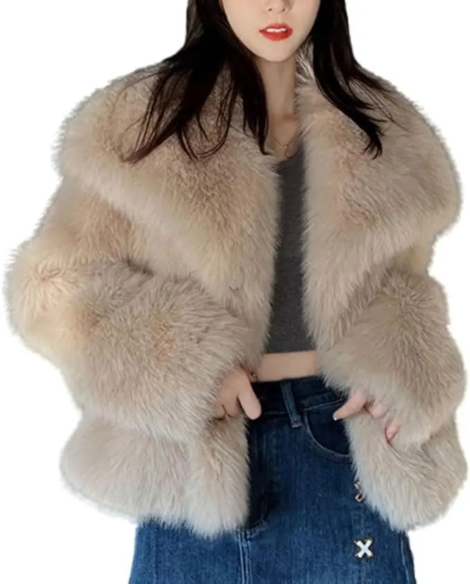 New Shaggy Faux Fur Cropped Coat Women Jackets Turn-down Collar Warm Fluffy Jacket Long Sleeve Faux Fur Coat Winter Outwear Tops