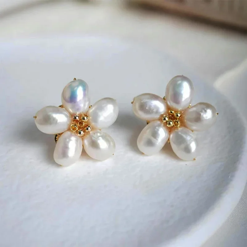 Flower  Feshwater Pearl Beads Stud Earrings For Women Girls Jewelry Brass Gold Color Aros Arete Orecchini Oorbellen