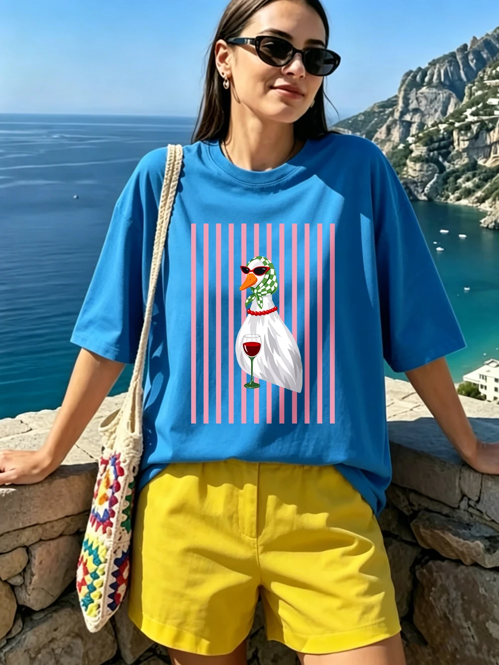 Vertical Stripe Dashy Ducks Prints T-Shirts Womens Cotton Summer Oversized Tops O-Neck Short Sleeve Tees Casual Soft Clothes